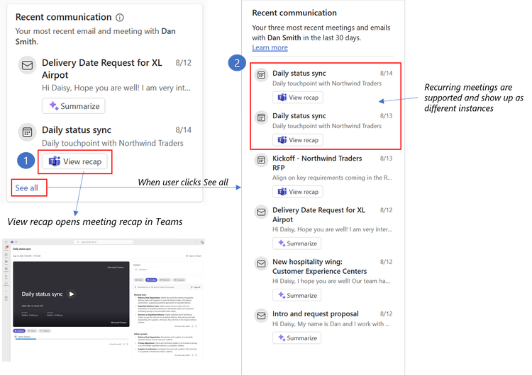 Screenshot showing recent communications card with added support for (1) view meeting recap in Teams and (2) see recurring meetings as individual instances when selecting "See all"