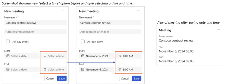 Screenshots showing the user flow for adding a time of day along with a date when creating a CRM record (in this case, a meeting) plus the resulting view after the record has been saved.