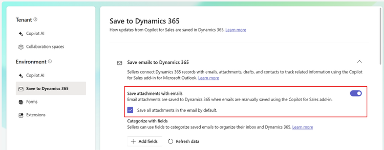 Screenshot showing the new options for CRM admins to configure the email attachments saving capabilities.