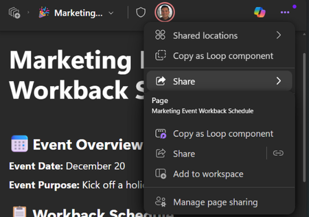 An image of the Share menu in Microsoft Loop, to show sharing a Loop component