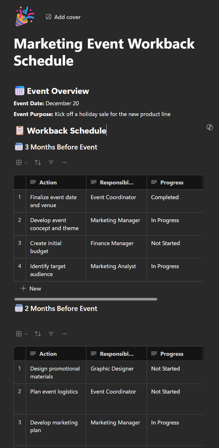 An image of a workback schedule that Copilot generated, outlining tasks I need to complete at timeline milestones before an event