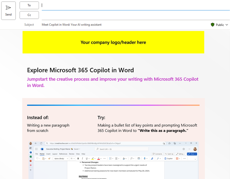 Screenshot of Microsoft 365 Copilot customizable email template for Outlook