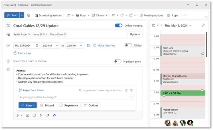 A computer screenshot showing a meeting request generated by Copilot.