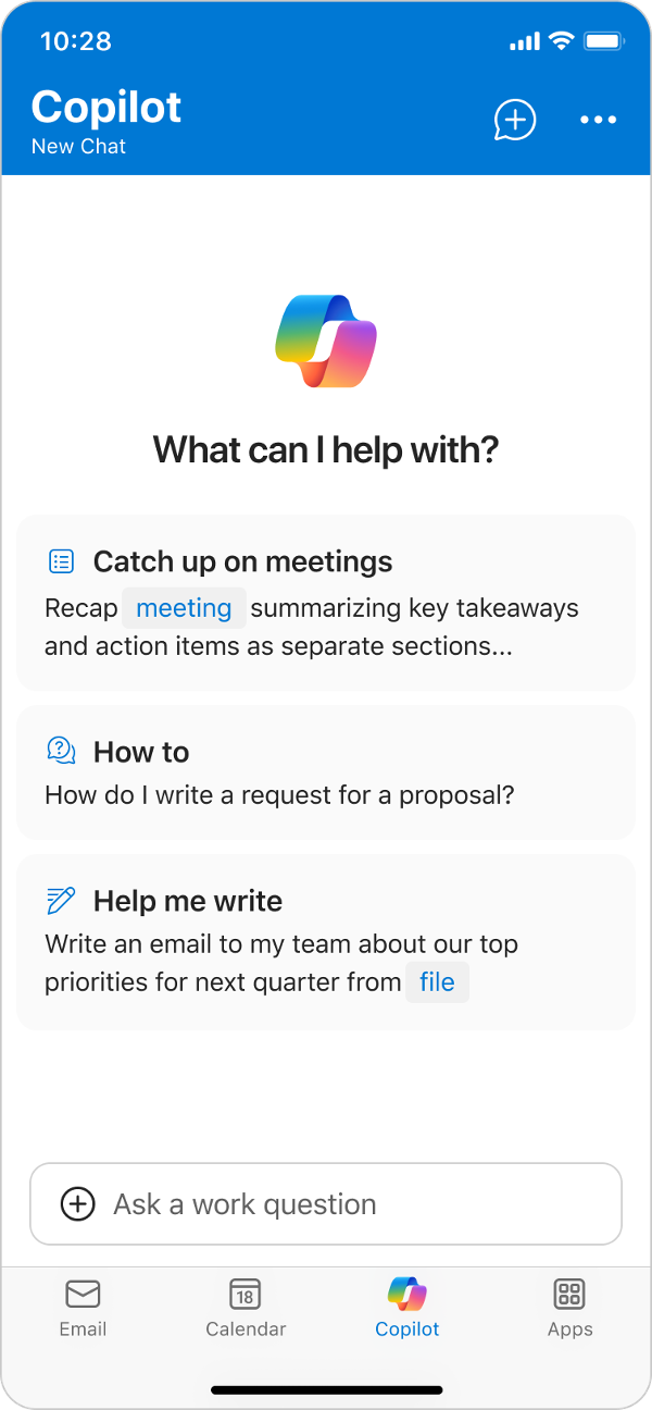 A mobile phone screenshot showing a Copilot chat with three suggested prompts.