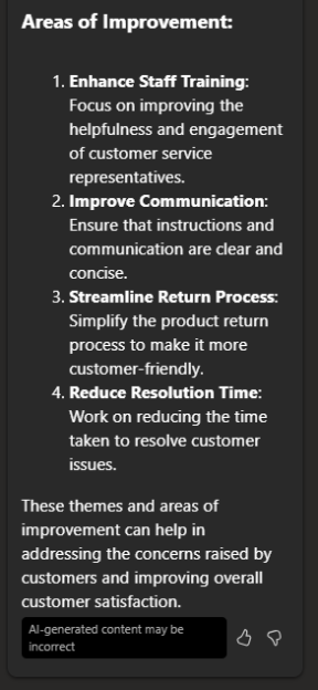 A screenshot of recommendations by Copilot on how to improve customer service based on the feedback analysis