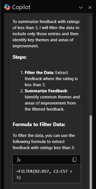 A screenshot of Copilot outlining how it's going to summarize feedback from responses with a rating of less than 3