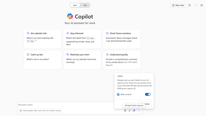 Screenshot: Web content plugin end user toggle for Microsoft 365 Copilot