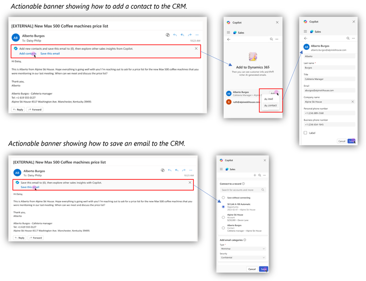 Screenshots showing user flow for two actions, save a contact to the CRM and save an email to the CRM, both actions directly accessed from an actionable banner.