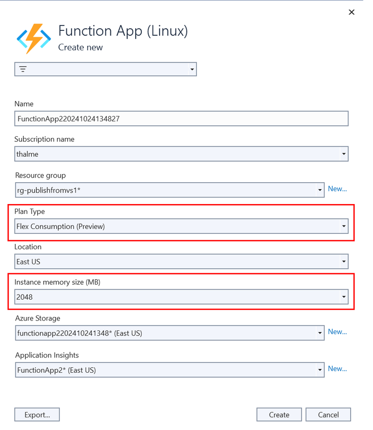 Print screen of Flex Consumption support in Visual Studio 2022