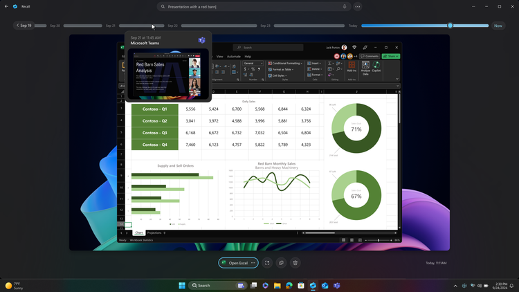 In Recall, use timeline and search to find and reengage with snapshots. Here, the employee can click “Open Excel” to easily reengage with the snapshotted content.