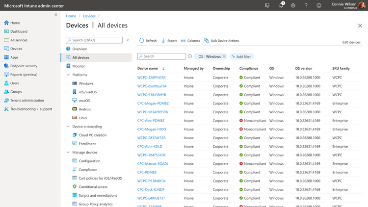 Screenshot of Windows devices list in Microsoft Intune admin center showing Windows 365 Link and Cloud PCs