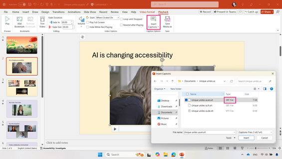 Insert Captions dialog in PowerPoint for Windows lists .srt files as well as .vtt files.