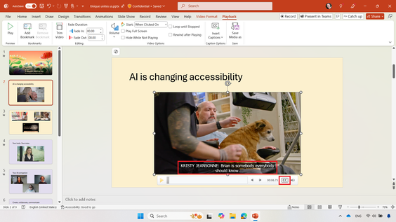 In PowerPoint for Windows, captions appear on the screen while playing the video.