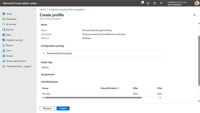 Screenshot of Personal Desktop Encryption policy settings for picture folder in Microsoft Intune admin center.