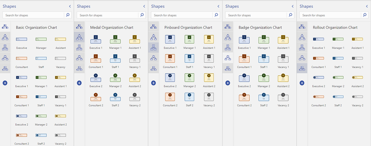 An image providing examples of five org chart stencils—Basic, Medal, Pinboard, Badge, and Rollout—and shapes now available with Visio in Microsoft 365.