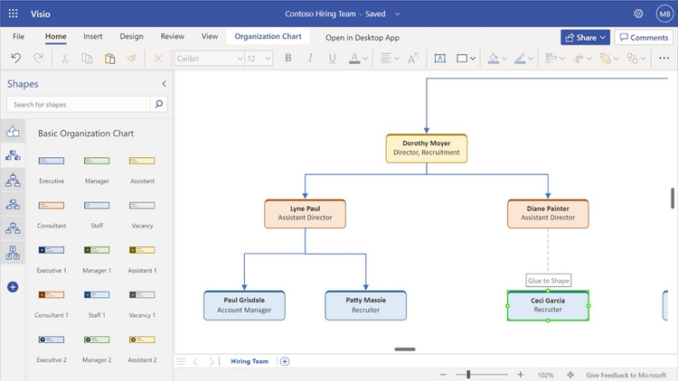 An image providing an example of an organization chart being created in Visio for the web.