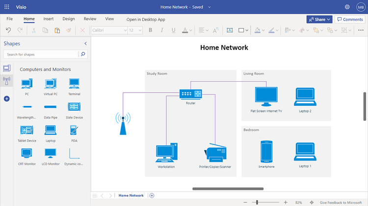 An image providing an example of a home network diagram in Visio for the web.