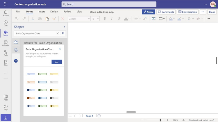 An image demonstrating how to add the Basic Organization Chart stencil to the Shapes pane.