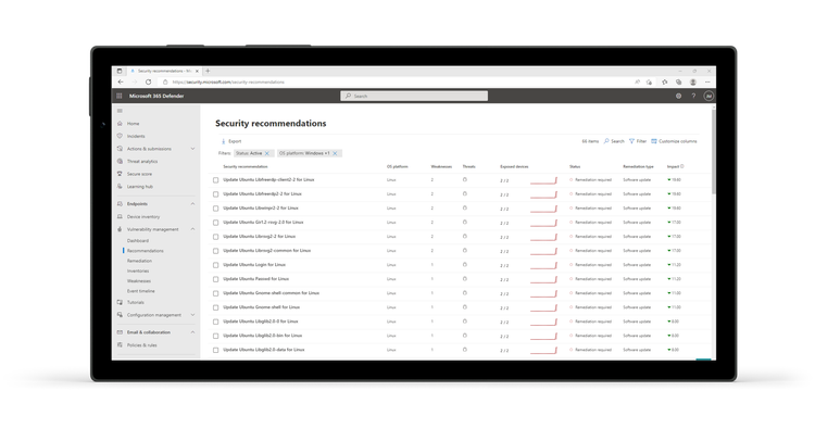 Threat and Vulnerability Management dashboard provides security recommendations for devices and servers in your business.