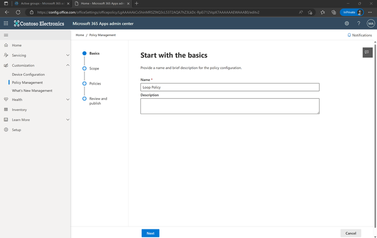 An image of the Policy Management tab in the Microsoft 365 Apps admin center.