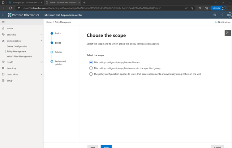 An image of the "Choose the scope" page on the Policy Management tab in the Microsoft 365 Apps admin center.