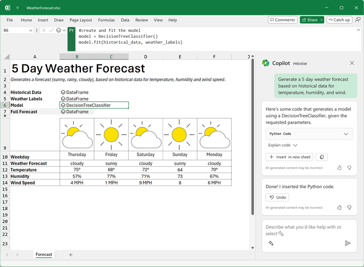 Machine Learning model predicting the weather using Python in Excel, built with Copilot in Excel