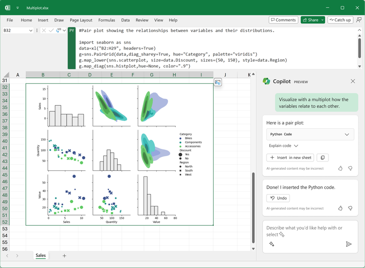 Visualization using Python in Excel, built with Copilot in Excel