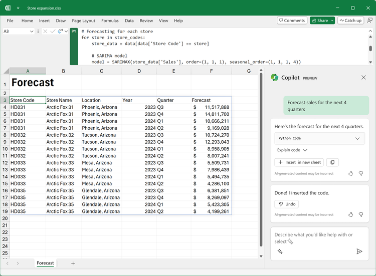 Forecasting model using Python in Excel, built with Copilot in Excel