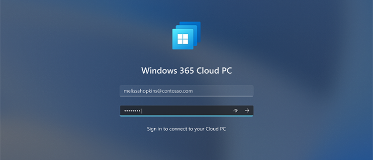 A screenshot of the Windows login screen showing that it prompts the user to log into their Windows 365 Cloud PC by default