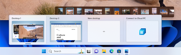 A screenshot of a Windows 11 desktop zoomed into the taskbar area to show that Connect to Cloud PC is presented as an option when switching between desktops