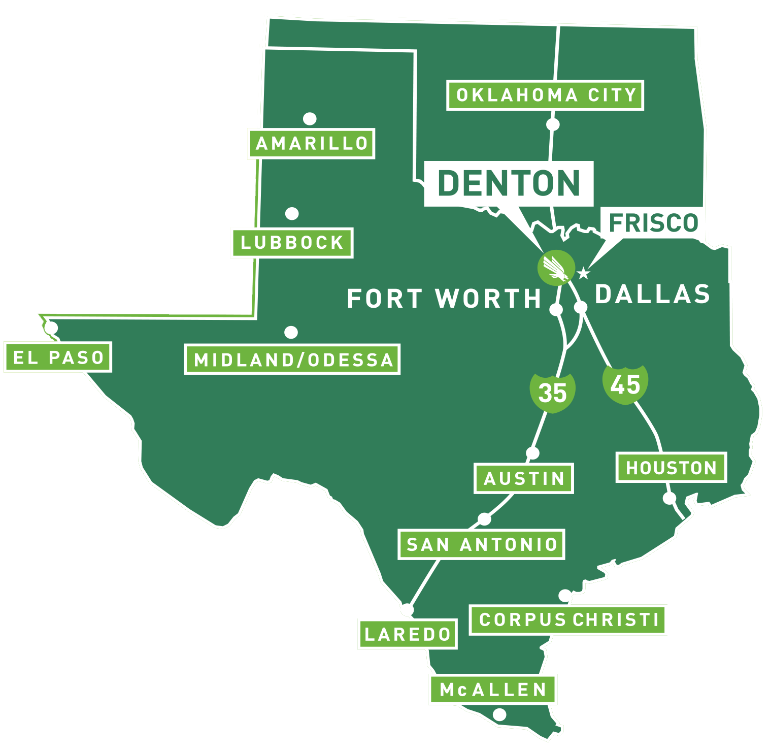 Map of Texas that highlights UNT Denton and UNT Frisco campuses.