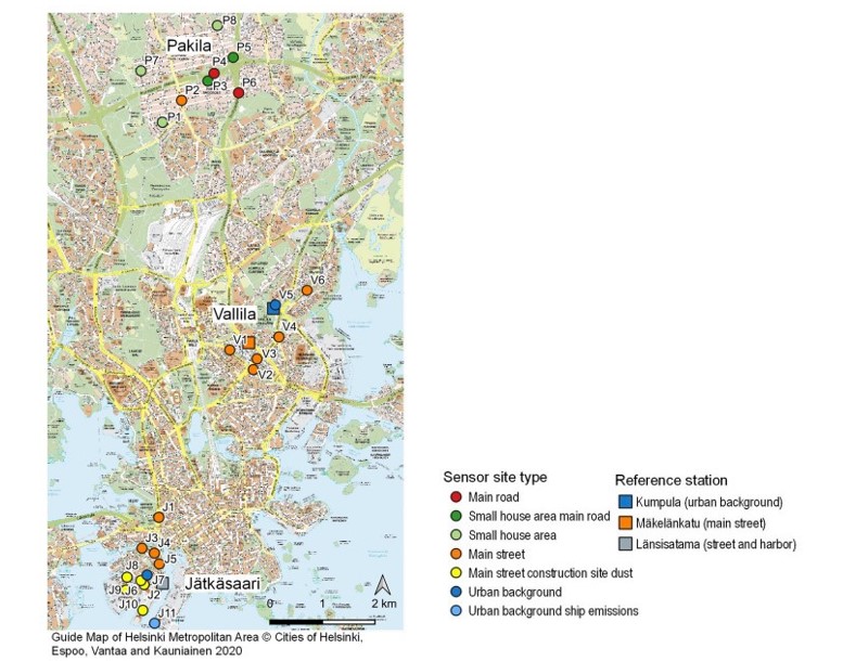 A map of Helsinki area with the AQT530 sensor network sites in Jätkäsaari, Pakila and Vallila and with the location of three reference air quality monitoring stations (Source: Petäjä, Ovaska, et al., 2021)