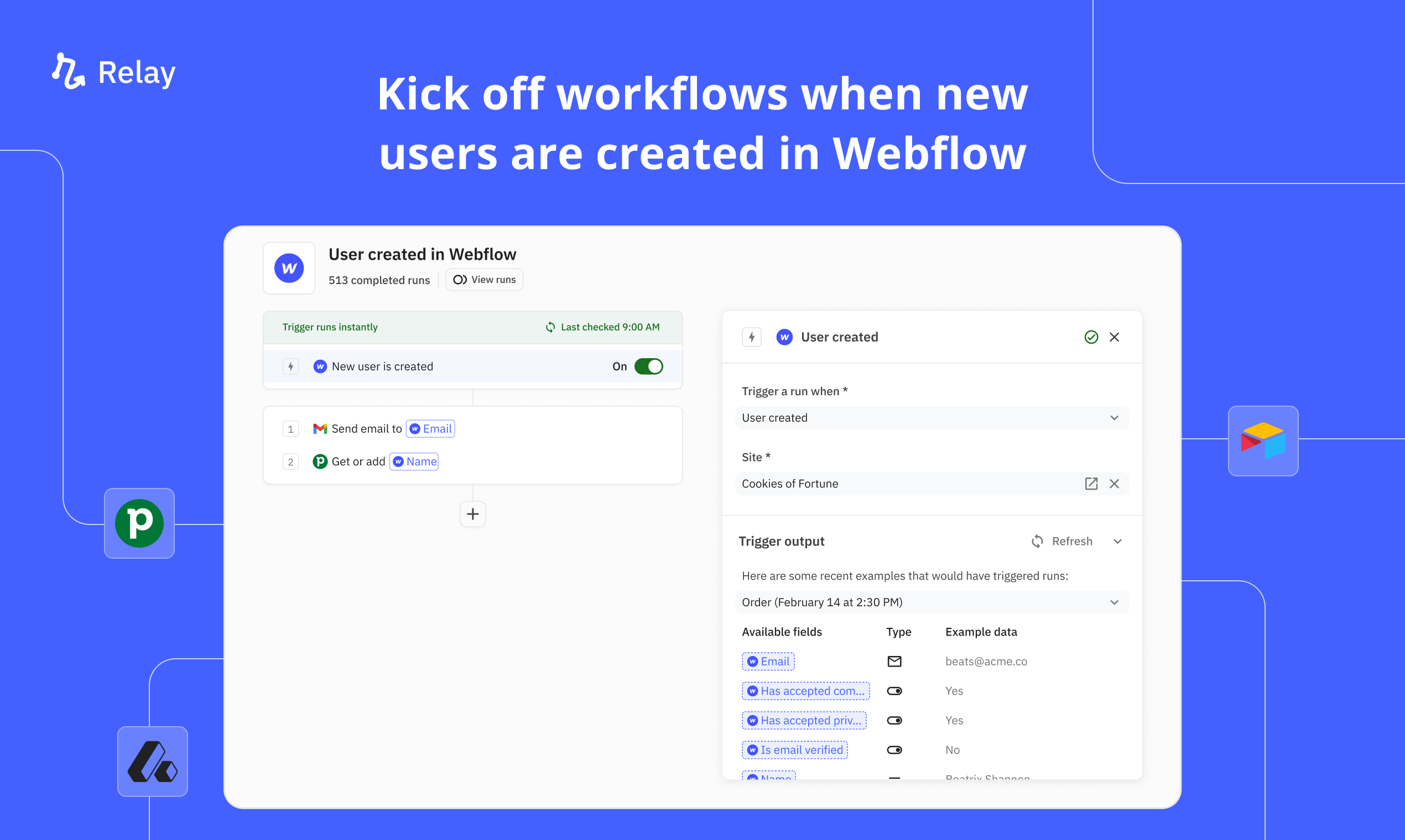 Kick off workflows when new users are created in Webflow