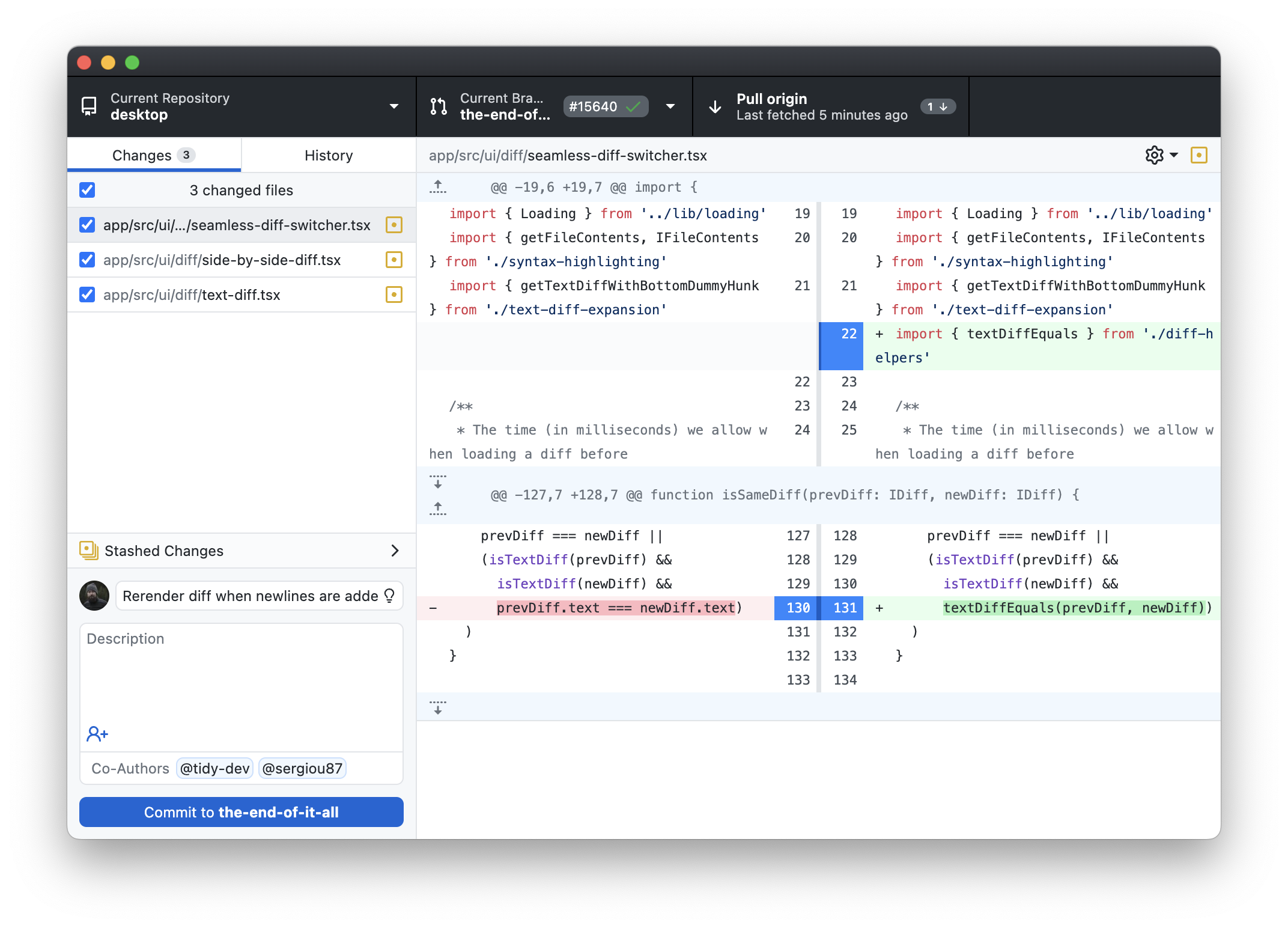 A screenshot of the GitHub Desktop application showing changes being viewed and committed with two attributed co-authors