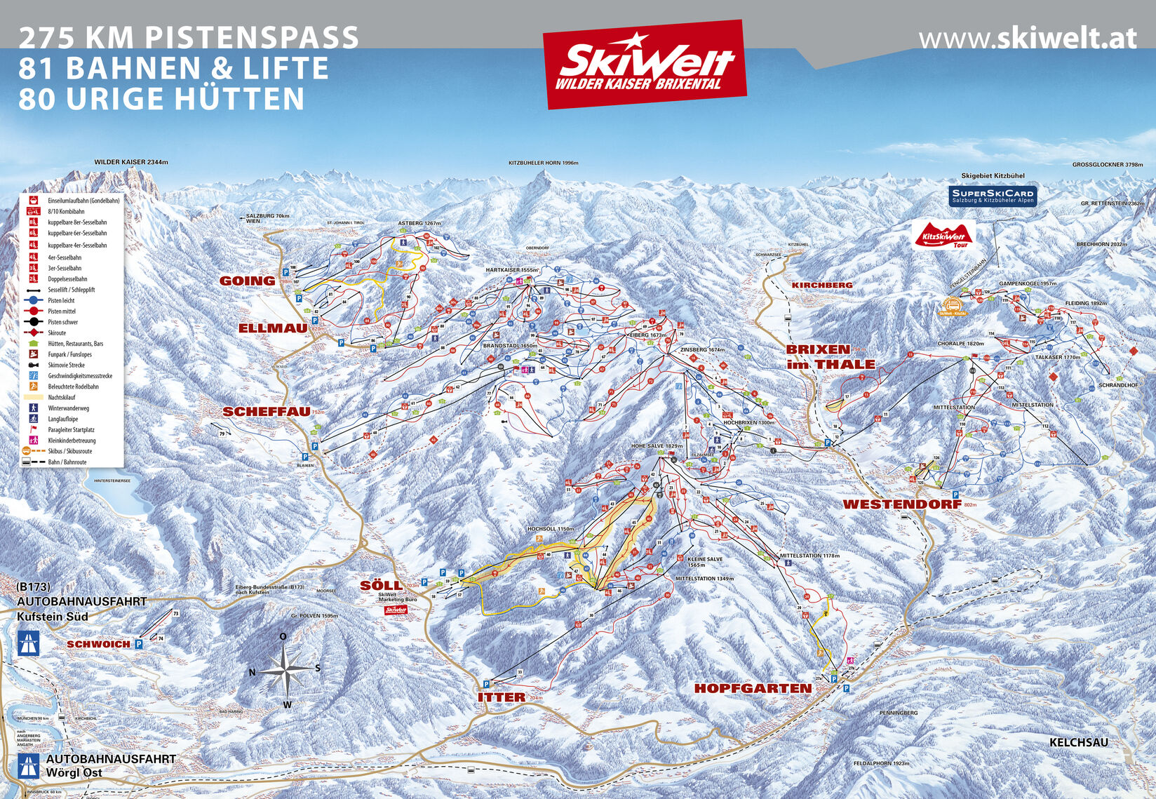 PistenplanSkigebiet SkiWelt / Brixen im Thale