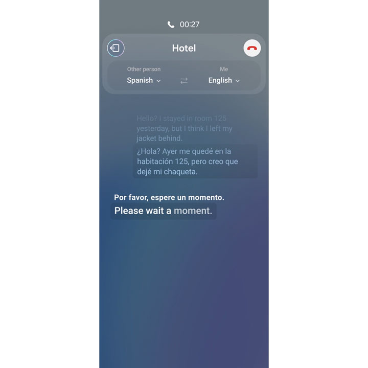 A phone call is translated in real time. The dialogue is shown  on screen as a text conversation in both Spanish and English.