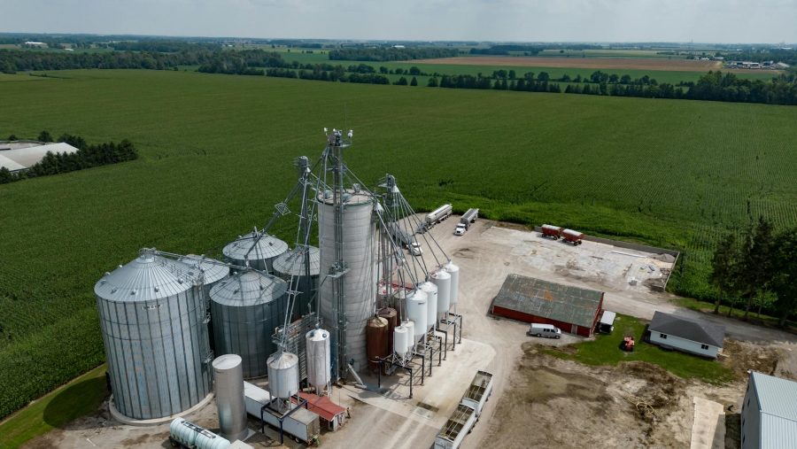 An aerial view of a large-scale farm.