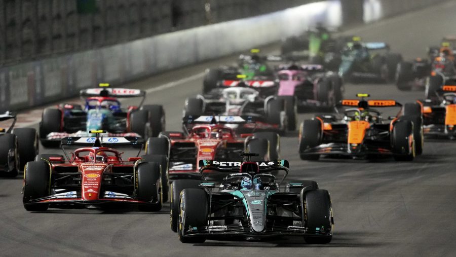 Mercedes driver George Russell, of Britain, leads the field during the F1 Las Vegas Grand Prix auto race, Sunday, Nov. 24, 2024, in Las Vegas.