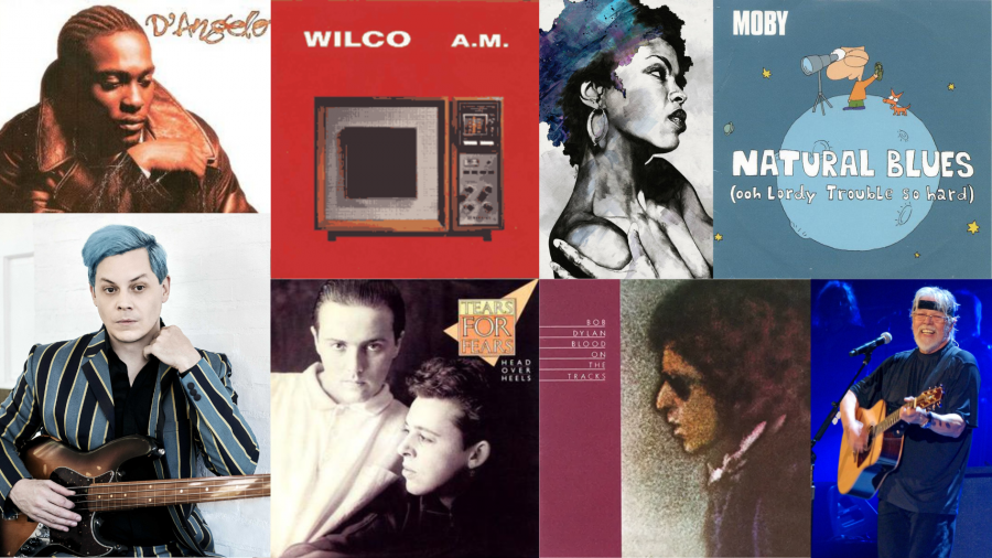 (Clockwise from left) "Brown Sugar," D'Angelo; "A.M.," Wilco; an artistic rendering of Lauryn Hill; "Natural Blues," Moby; Bob Seger; "Blood on the Tracks," Bob Dylan; "Head Over Heels" single by Tears for Fears; Jack White.