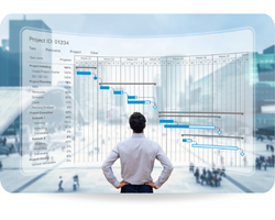 Project manager working with Gantt chart planning schedule, tracking milestones and deliverables and updating tasks progress