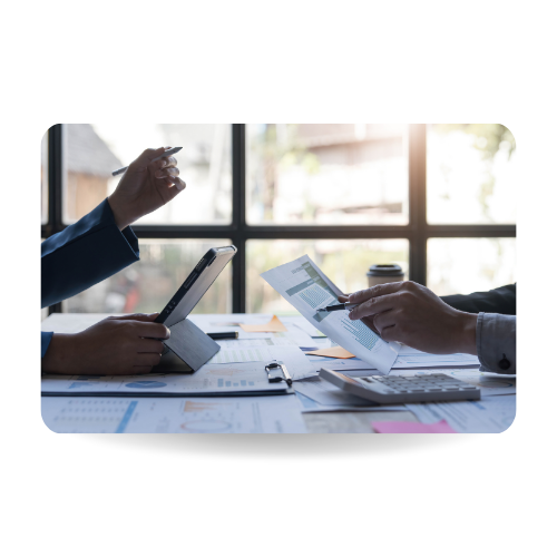 There hands of men with documents, tablet and calculator