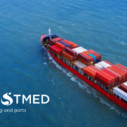 aerial from container ship at sea with TG Green shipping logo