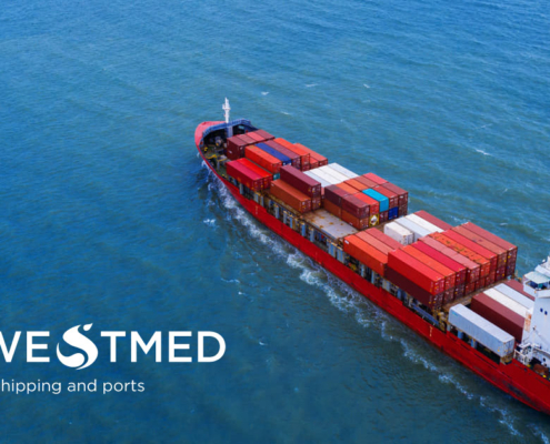 aerial from container ship at sea with TG Green shipping logo