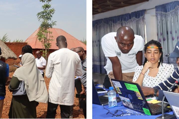 Field visit to the Royal Palaces of Abomey (Benin), a World Heritage site, to identify and understand the property’s key values and attributes, as well as hazards (Left) ; and Group work on the use of Google Earth to map key attributes and hazards (Right). © Laurent KOSSOUHO, EPA, 2024