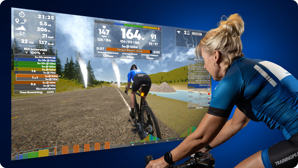 Image Shows A Female Riding Her Bike Indoors Looking At In Game Footage Of Her Avatar On Trainingpeaks Virtual Software Platform.