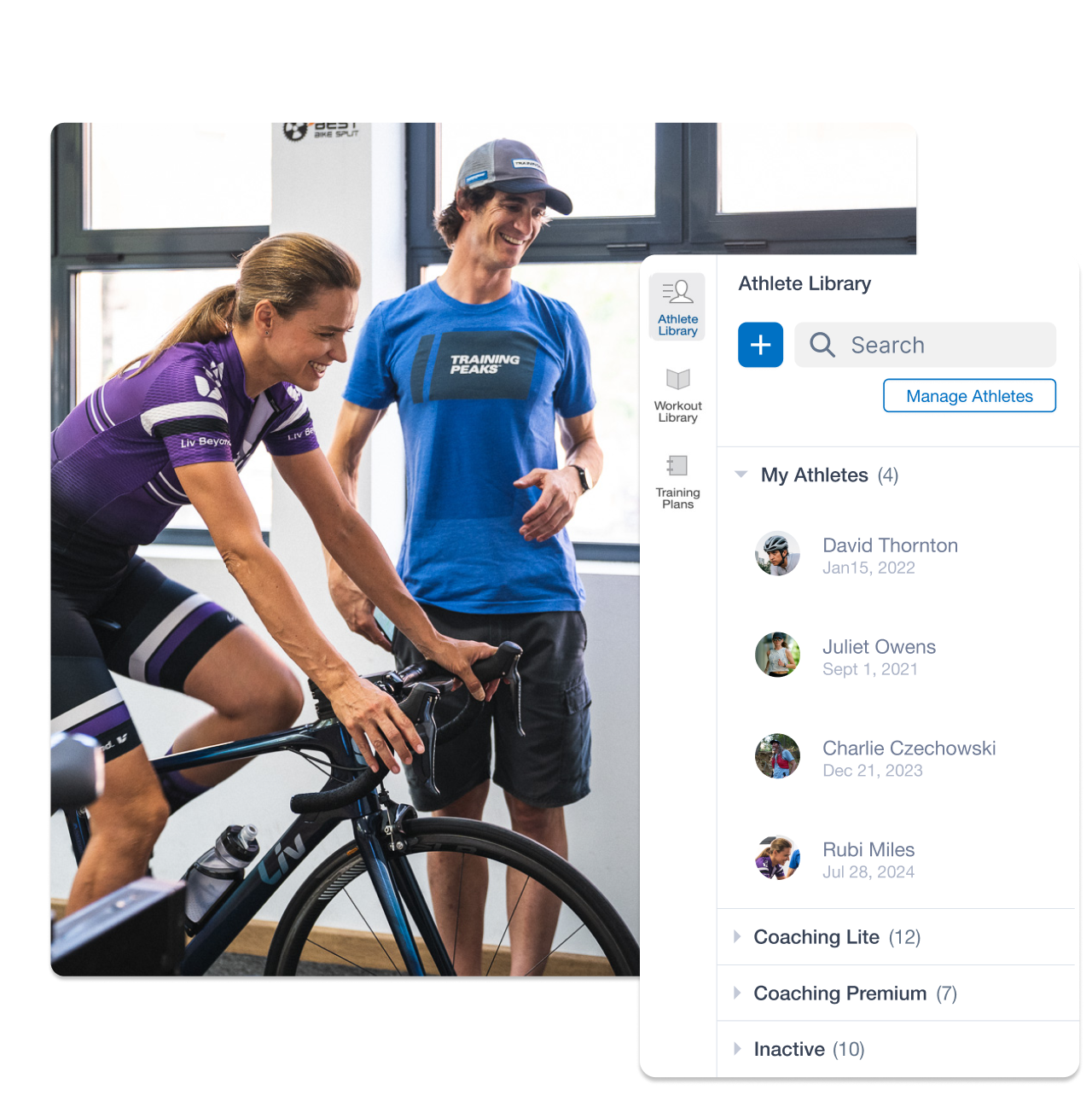 Female Cycling Athlete And Coach In Frame With Trainingpeaks Athlete Library Ui