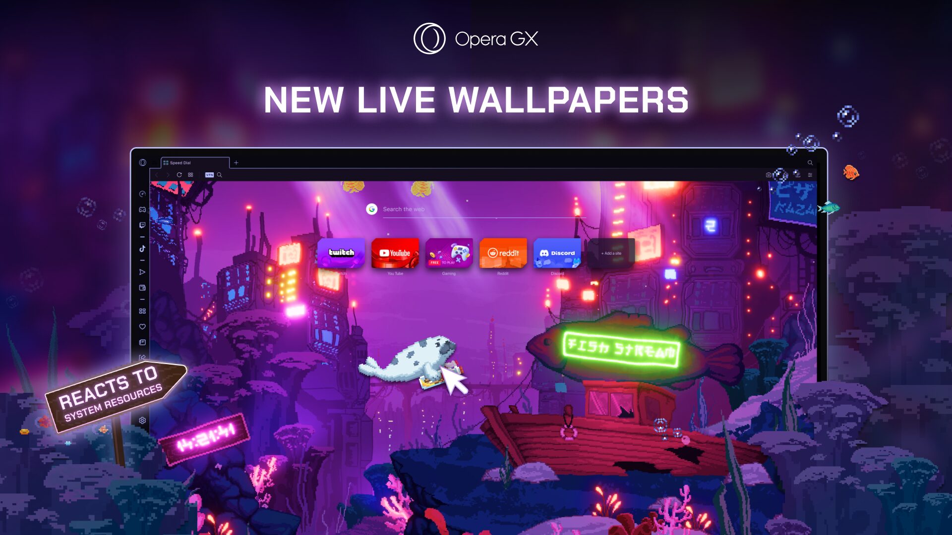 New Live Wallpapers in Opera GX. Monitor your system's resource consumption with the new Live Wallpapers in Opera GX.