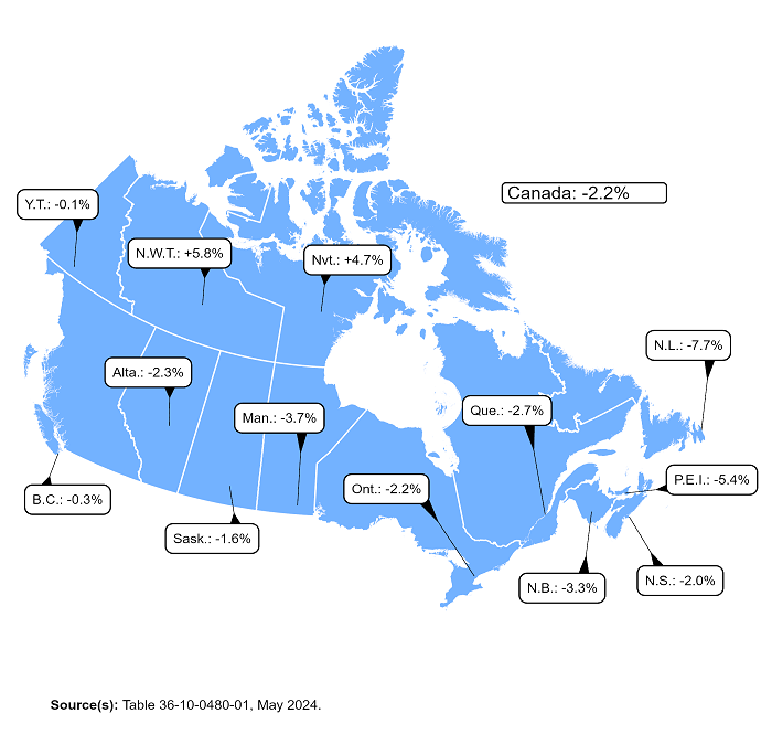 Thumbnail for map 1: Labour productivity growth in the business sector, Canada, provinces and territories, 2023