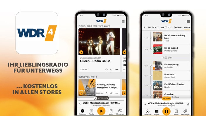 Screenshots der WDR 4 App auf einem Smartphone 