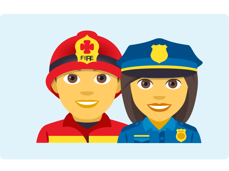 Image of a fireman emoji and a policewoman emoji on a light blue background